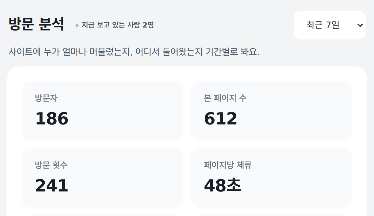 방문 분석 예시: 방문자·본 페이지 수·방문 횟수·체류 시간이 한 화면에 보입니다.
